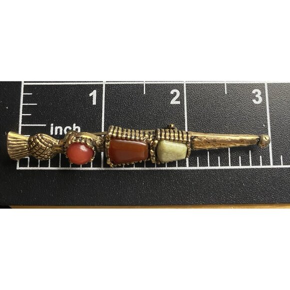 Vintage Scottish Style Thistle Dirk Kilt Pin Brooch Gold Tone Faux Agate 3" - Picture 3 of 7